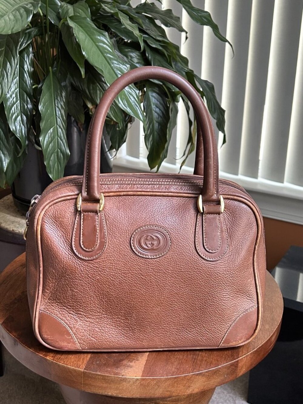 GUCCI Calfskin Satchel Bag, Brown